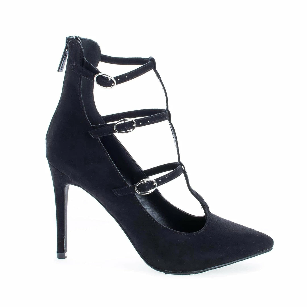 Lydia21 By Breckelle's, Pointy Toe Multi Buckle T-Strap Stiletto Heel Pumps