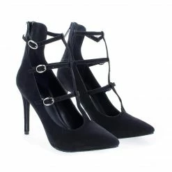 Lydia21 By Breckelle's, Pointy Toe Multi Buckle T-Strap Stiletto Heel Pumps