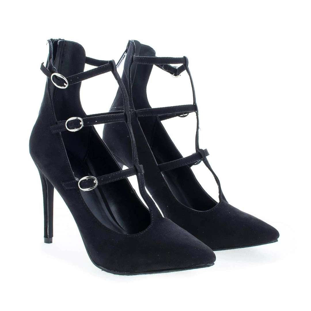 Lydia21 By Breckelle's, Pointy Toe Multi Buckle T-Strap Stiletto Heel Pumps