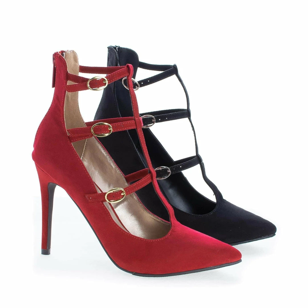 Lydia21 By Breckelle's, Pointy Toe Multi Buckle T-Strap Stiletto Heel Pumps