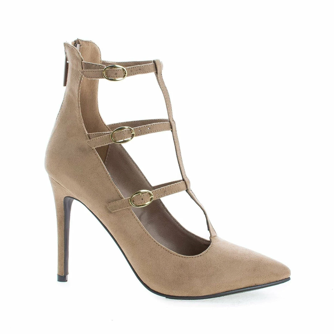 Lydia21 By Breckelle's, Pointy Toe Multi Buckle T-Strap Stiletto Heel Pumps