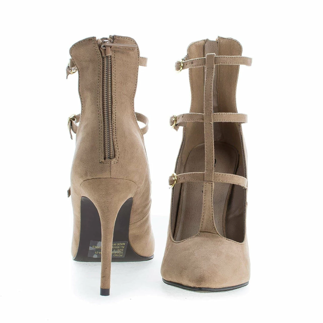 Lydia21 By Breckelle's, Pointy Toe Multi Buckle T-Strap Stiletto Heel Pumps