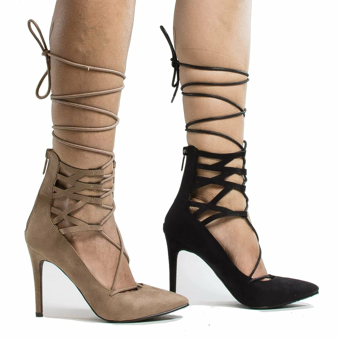 New Lydia22 By Breckelle's, Pointy Toe Cuffed Corset Lace Up Ankle Wrap Stiletto Heels