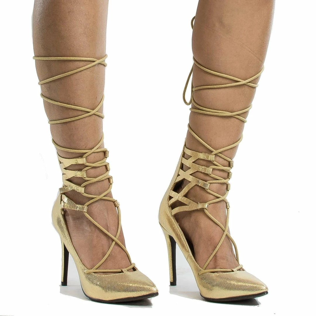 New Lydia22 By Breckelle's, Pointy Toe Cuffed Corset Lace Up Ankle Wrap Stiletto Heels