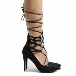New Lydia22 By Breckelle's, Pointy Toe Cuffed Corset Lace Up Ankle Wrap Stiletto Heels