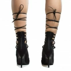 New Lydia22 By Breckelle's, Pointy Toe Cuffed Corset Lace Up Ankle Wrap Stiletto Heels