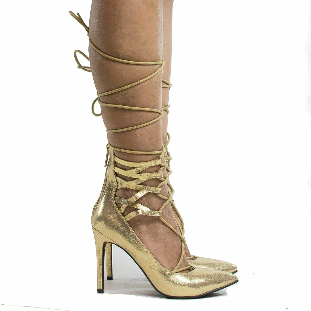 New Lydia22 By Breckelle's, Pointy Toe Cuffed Corset Lace Up Ankle Wrap Stiletto Heels