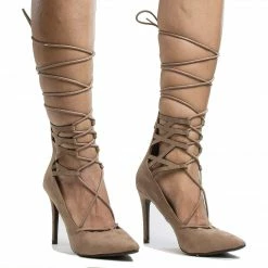 New Lydia22 By Breckelle's, Pointy Toe Cuffed Corset Lace Up Ankle Wrap Stiletto Heels