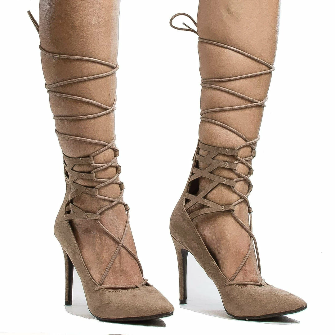 New Lydia22 By Breckelle's, Pointy Toe Cuffed Corset Lace Up Ankle Wrap Stiletto Heels