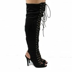 Randi23 By Breckelle's, Corset Boots Thigh High Peep Toe Lace Up Stiletto High Heel Boots New