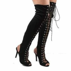 Randi23 By Breckelle's, Corset Boots Thigh High Peep Toe Lace Up Stiletto High Heel Boots New