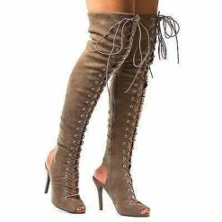 Randi23 By Breckelle's, Corset Boots Thigh High Peep Toe Lace Up Stiletto High Heel Boots New