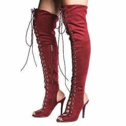 Randi23 By Breckelle's, Corset Boots Thigh High Peep Toe Lace Up Stiletto High Heel Boots New