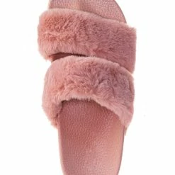 Bamboo Liv04 Faux Fur Footbed Slides - Cozy Double Strap Furry Contour Slide In Sandals