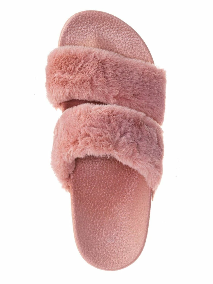Bamboo Liv04 Faux Fur Footbed Slides - Cozy Double Strap Furry Contour Slide In Sandals