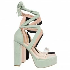 Wild Diva Mia32 Lace Up Block Heel Sandal, Women Leg Wrap Lucite Shoes