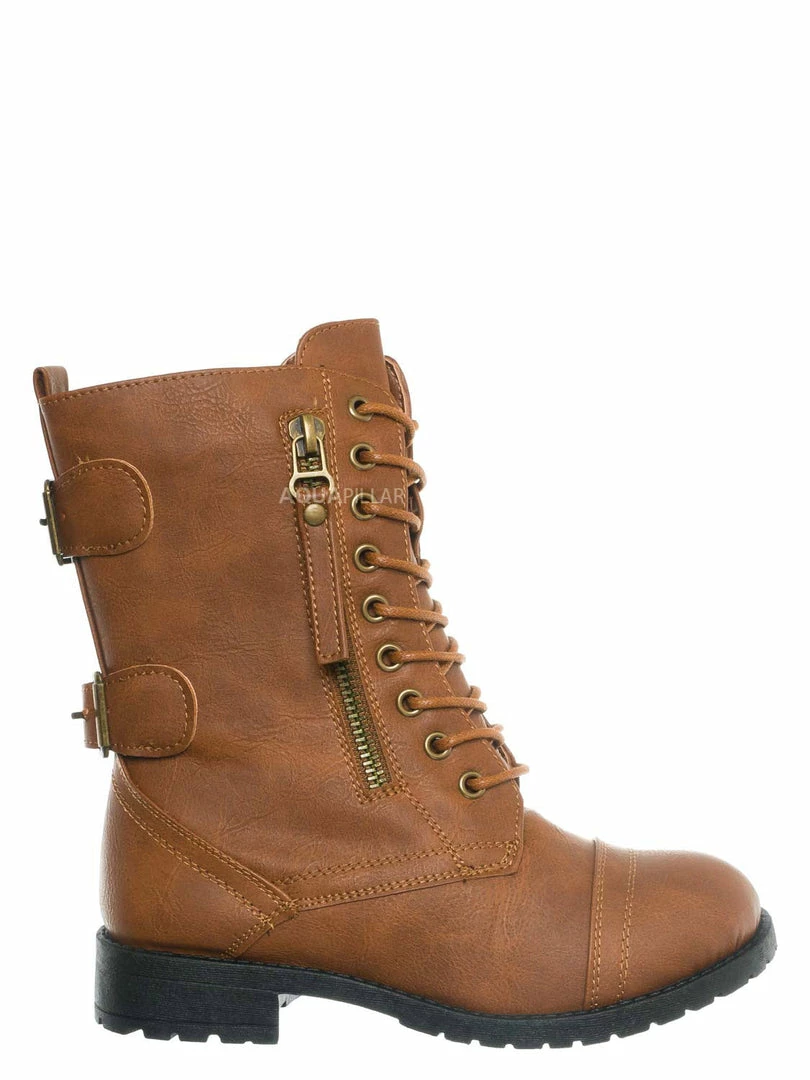 Forever Link Mountain81K Childrens Zip Up Combat Boots - Boy Girl Calf High Shoes