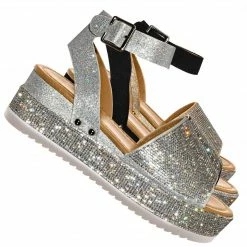 Forever Link Luxury96 Rhinestone Glitter Flatform Sandal - Women Ankle Strap Crystal Platform New