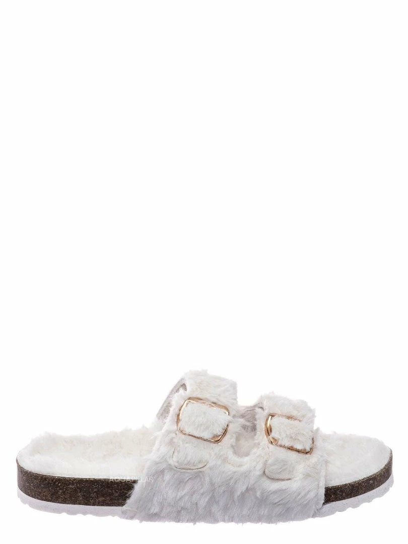 Bamboo New Defeat63 Faux Fur Molded Footbed Slipper - Furry Slide In Cork Slide Sandal