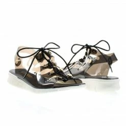 New Like1 By Cape Robbin, PVC Clear Lace Up Cage Flat Sandal W Metal Hardware & White Rubber Outsole