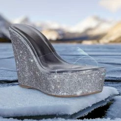 Bamboo Chosen12 Lucite Rhinestone Platform Wedge - Clear Transparent Slipper Sandal New