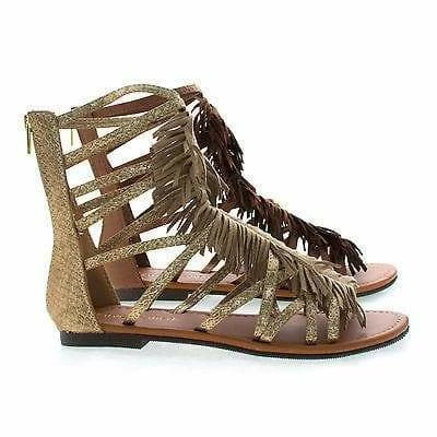 City Classified Fringe By Classified, Gladiator Open Toe Fringe Zip Up Ankle Flat Sandals