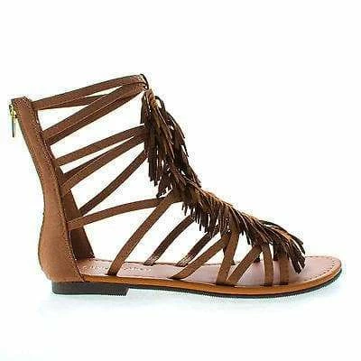 City Classified Fringe By Classified, Gladiator Open Toe Fringe Zip Up Ankle Flat Sandals