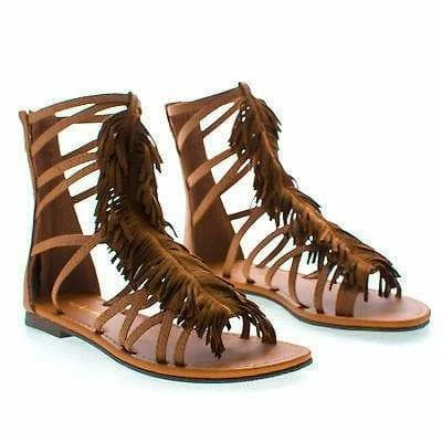 City Classified Fringe By Classified, Gladiator Open Toe Fringe Zip Up Ankle Flat Sandals