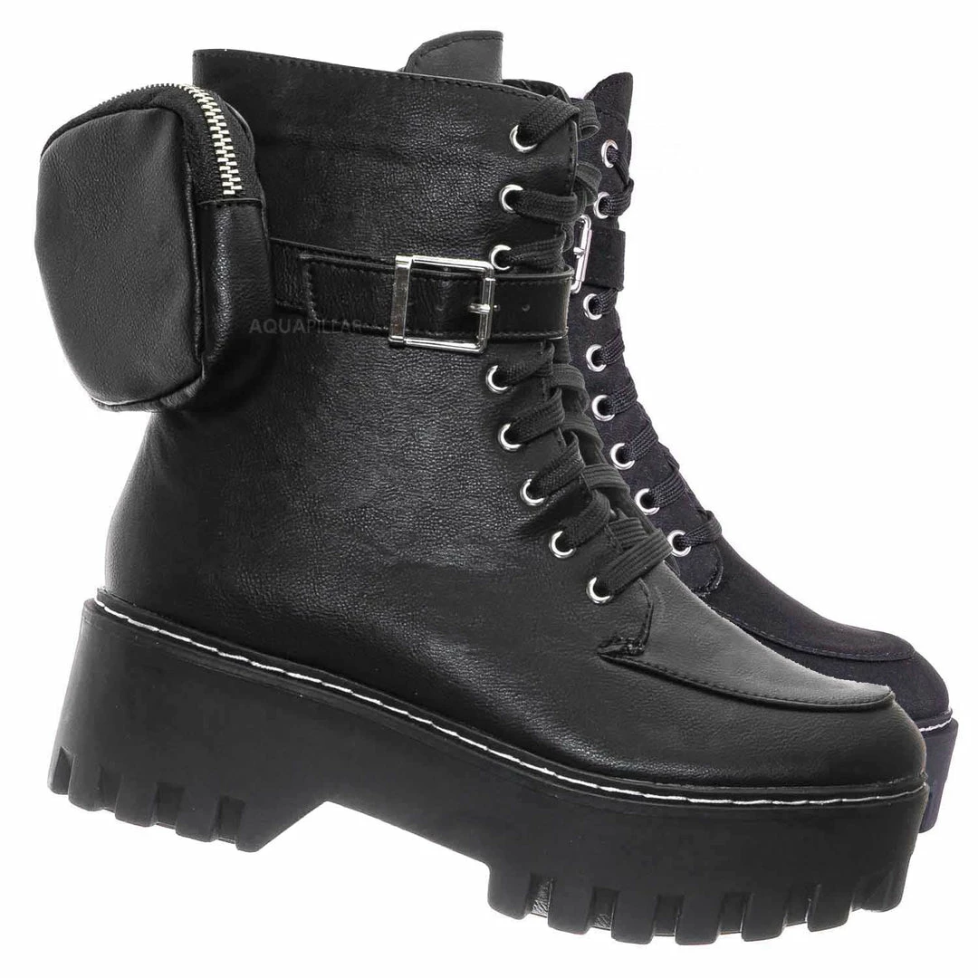 Bamboo New Staging09 Utilitarian Combat Biker Boots W Add On Purse Pocket Pouch