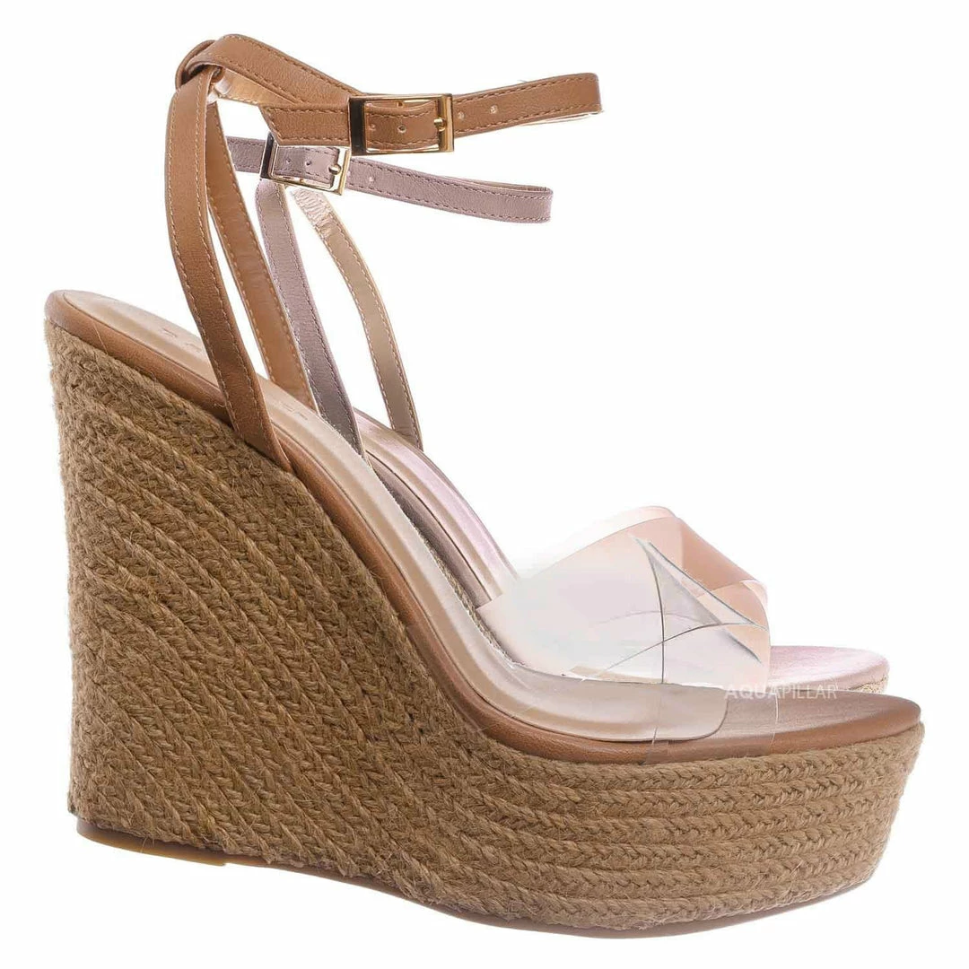 Bamboo New Chosen16 Clear Espadrille Platform Wedge Sandal - Women Lucite Clear Heels