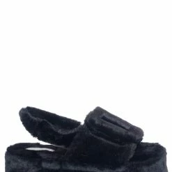 Liliana New Christy2 Cozy Faux Fur Flatform Slingback Sandal, Flat Platform Plush Shoe
