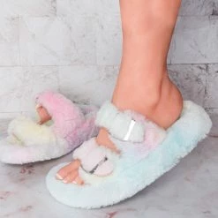 Liliana New Dearly3 Fluffy Faux Fur Footbed Slipper, Men Women Fuzzy Double Buckle Slides