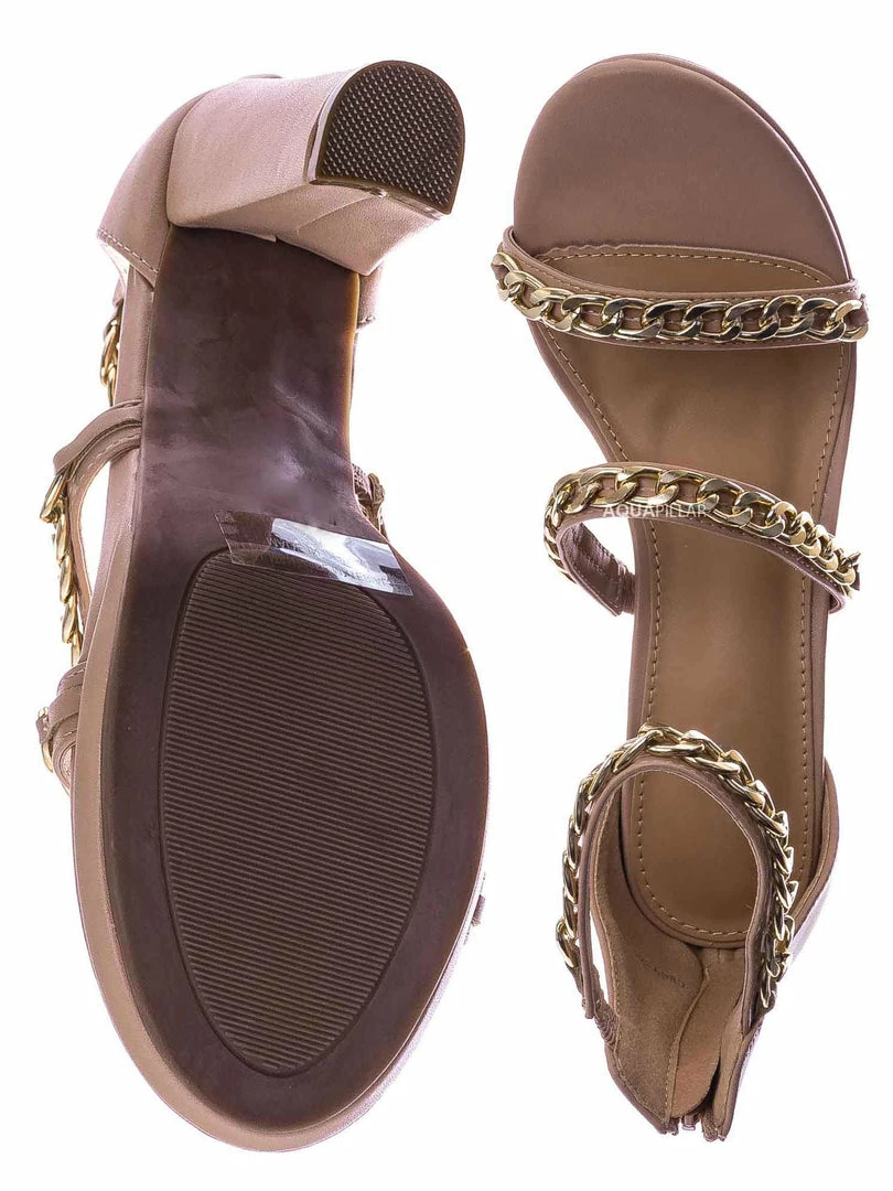 Top Moda Choo28 High Heel Chain Sandal - Womens Block Heel Strappy Open Toe Shoes