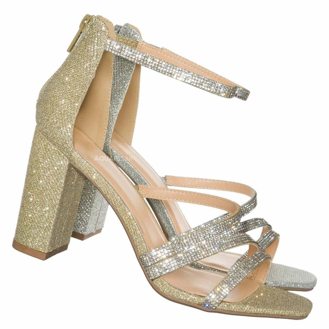 Delicious Polly Glitter Rhinestone Block Heel Sandal - Women Evening Dress Shoes