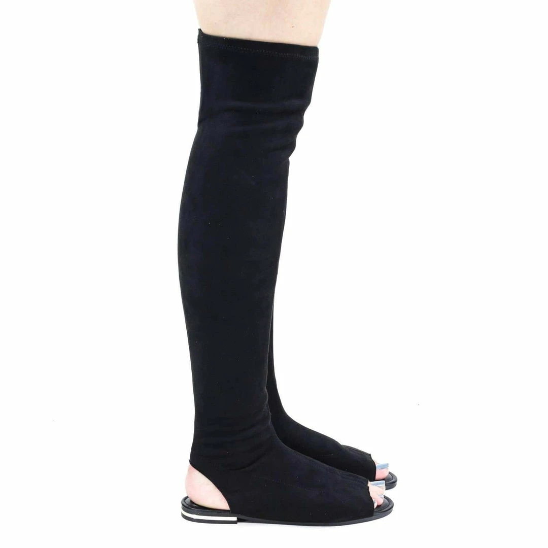 Delicious Cure09 Open Knee Flat Boots W Metal Stripe, Open Toe & Heel. Elastic Back New