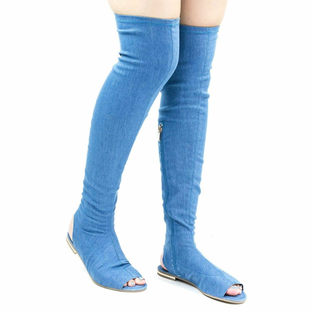 Delicious Cure09 Open Knee Flat Boots W Metal Stripe, Open Toe & Heel. Elastic Back New