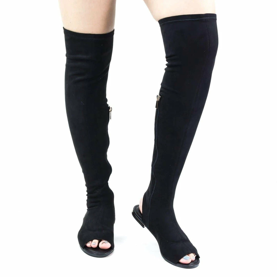 Delicious Cure09 Open Knee Flat Boots W Metal Stripe, Open Toe & Heel. Elastic Back New