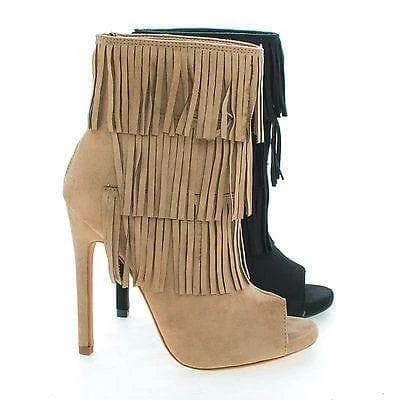 Gain By Delicious, Peep Toe Pleaded Fringe Zip Up Stiletto Heel Ankle Booties