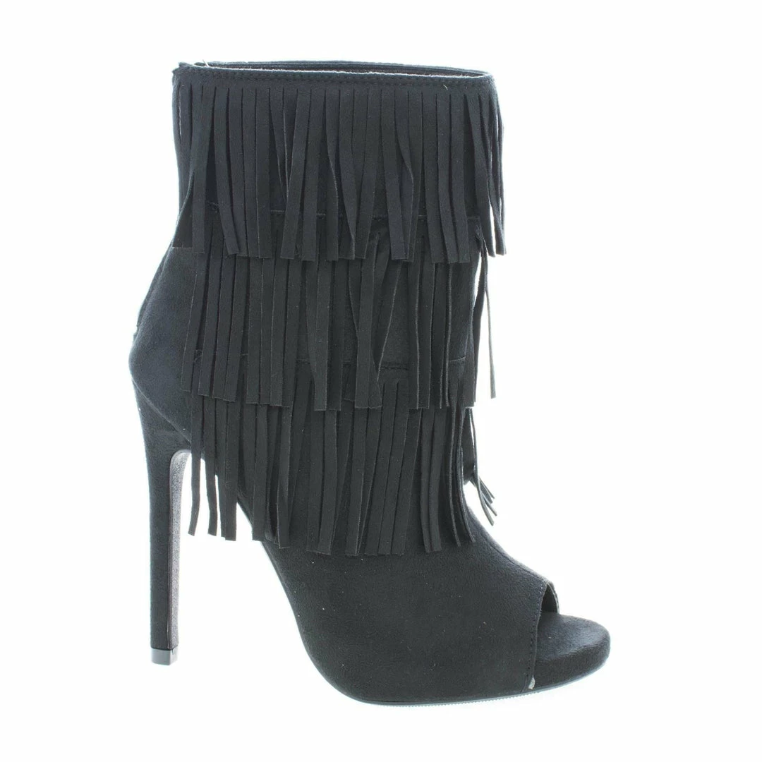 Gain By Delicious, Peep Toe Pleaded Fringe Zip Up Stiletto Heel Ankle Booties