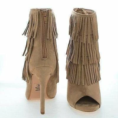 Gain By Delicious, Peep Toe Pleaded Fringe Zip Up Stiletto Heel Ankle Booties