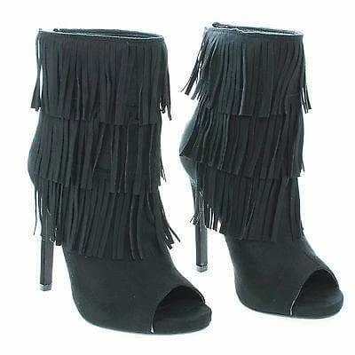 Gain By Delicious, Peep Toe Pleaded Fringe Zip Up Stiletto Heel Ankle Booties