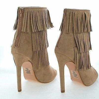 Gain By Delicious, Peep Toe Pleaded Fringe Zip Up Stiletto Heel Ankle Booties