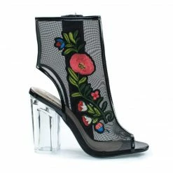 New Ylang By Delicious, Floral Embroidery Patch, Lucite Perspex Block Heel See Through Mesh Bootie