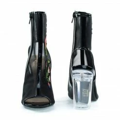 New Ylang By Delicious, Floral Embroidery Patch, Lucite Perspex Block Heel See Through Mesh Bootie
