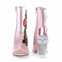 New Ylang By Delicious, Floral Embroidery Patch, Lucite Perspex Block Heel See Through Mesh Bootie