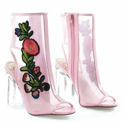 New Ylang By Delicious, Floral Embroidery Patch, Lucite Perspex Block Heel See Through Mesh Bootie