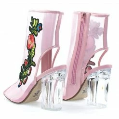 New Ylang By Delicious, Floral Embroidery Patch, Lucite Perspex Block Heel See Through Mesh Bootie