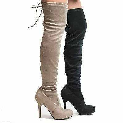 Deceive By Dollhouse, Over Knee Almond Toe Corset Lace Pull On Stiletto Heel Boots New