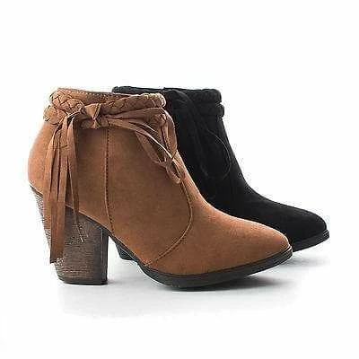 New Shameless By Dollhouse, Braided Fringe Ankle Wrap Western Chunky Heel Bootie