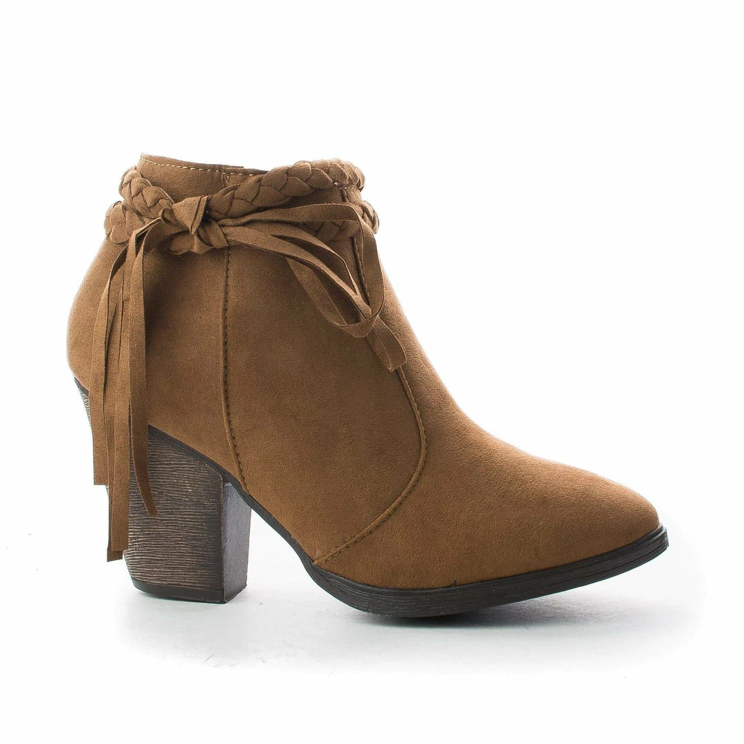 New Shameless By Dollhouse, Braided Fringe Ankle Wrap Western Chunky Heel Bootie